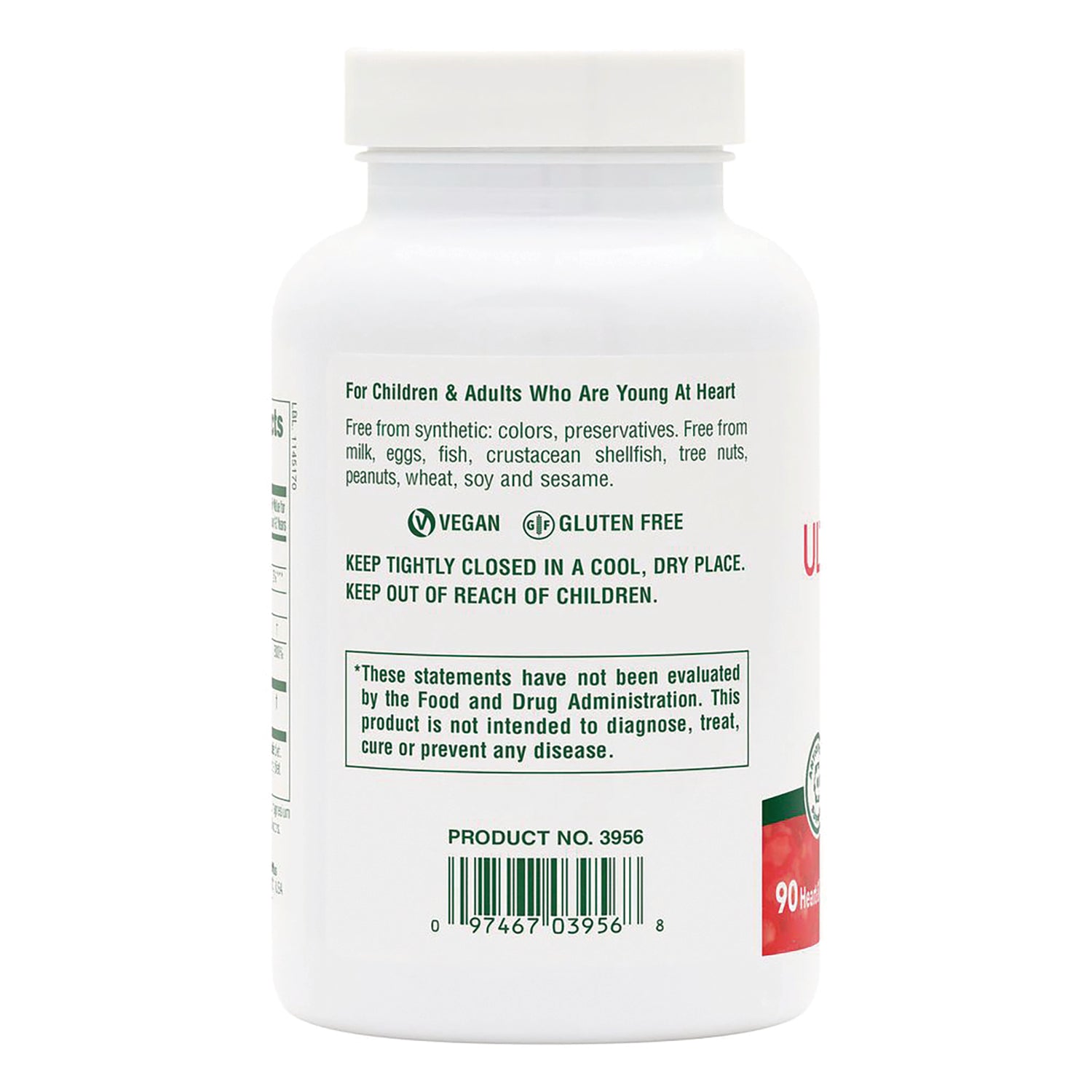 NTP069 | Back label of supplement bottle with vegan and gluten free icons, storage instructions, FDA disclaimer and barcode