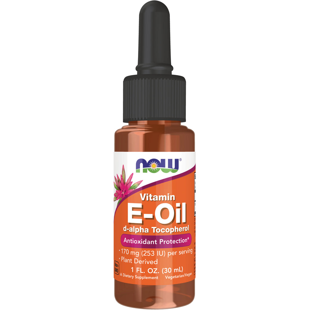 NWF882 | Amber dropper bottle labeled NOW Vitamin E-Oil d-alpha Tocopherol 1 FL. OZ (30 mL) - Thumbnail