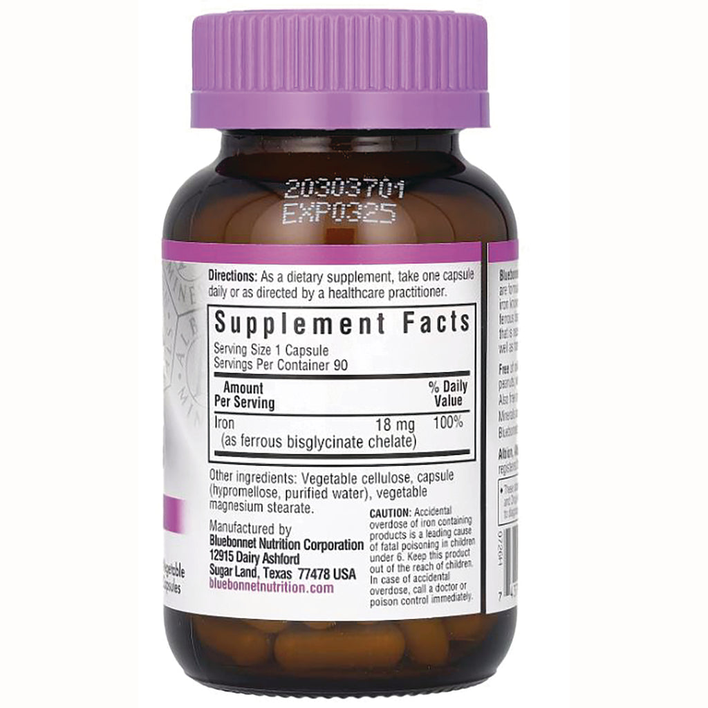 BLU067 | Back of brown supplement bottle with purple cap showing Supplement Facts panel stating iron 18 mg and ingredient list - Thumbnail