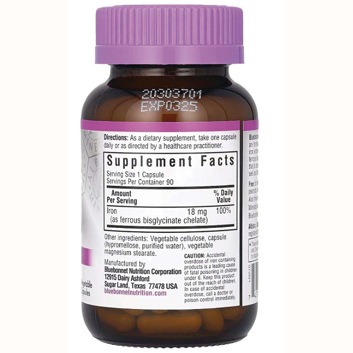 BLU067 | Back of brown supplement bottle with purple cap showing Supplement Facts panel stating iron 18 mg and ingredient list