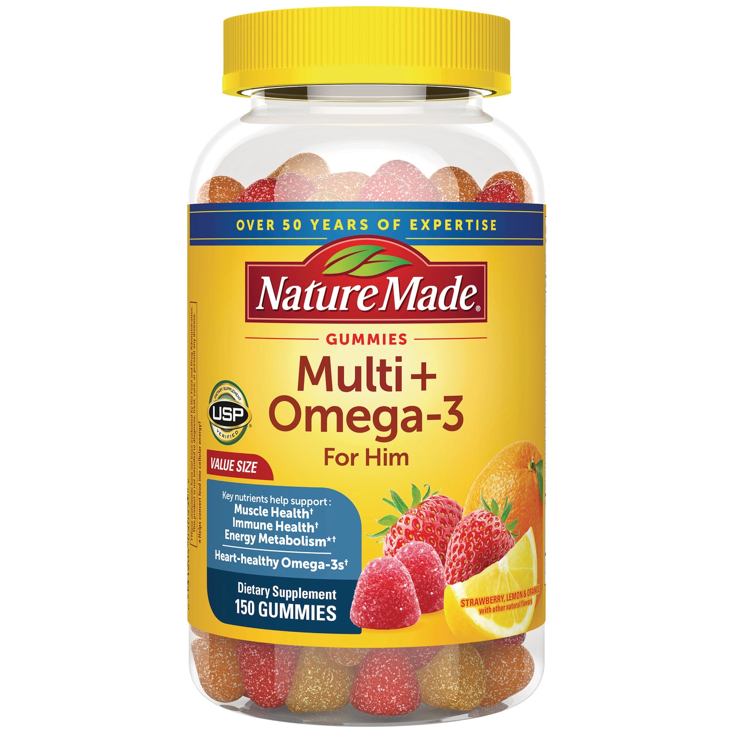 NTM196 | Nature Made Multi+ Omega-3 gummies for him 150 count clear bottle with strawberry and citrus gummies visible