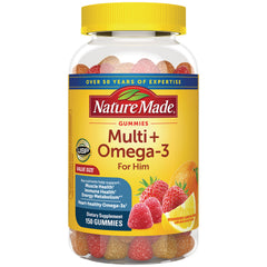 NTM196 | Nature Made Multi+ Omega-3 gummies for him 150 count clear bottle with strawberry and citrus gummies visible