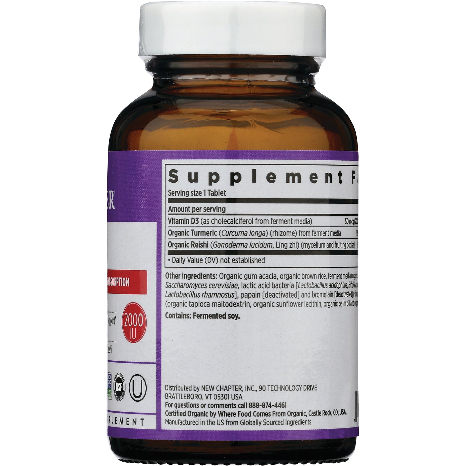 NWC342 | Back label showing supplement facts, ingredient list and contains fermented soy on amber bottle