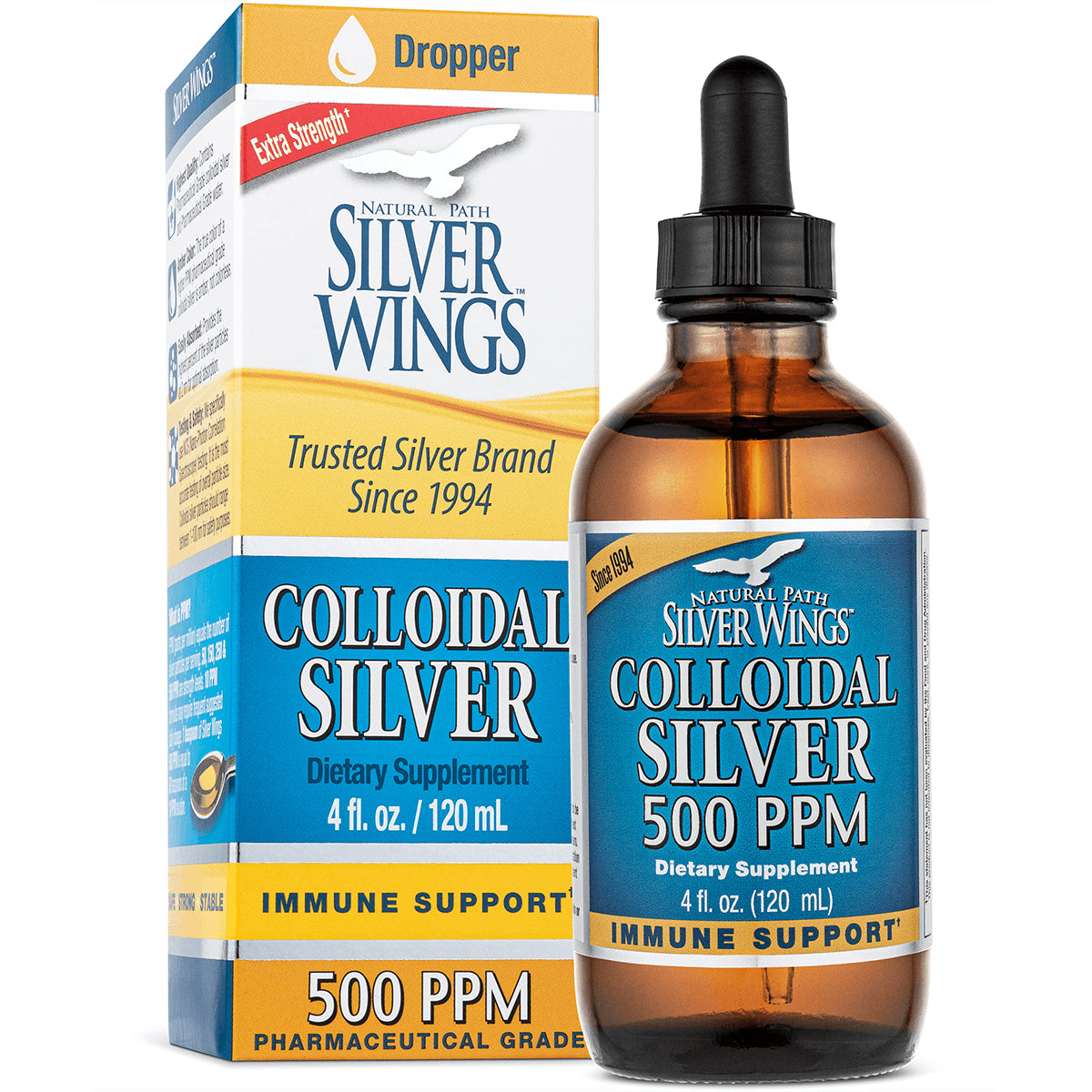 NPS003 | Brown dropper bottle and box of Silver Wings Colloidal Silver 500 PPM dietary supplement 4 fl oz