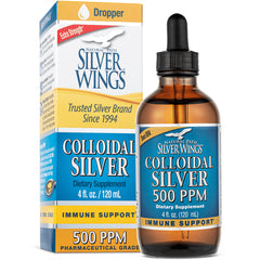 NPS003 | Brown dropper bottle and box of Silver Wings Colloidal Silver 500 PPM dietary supplement 4 fl oz