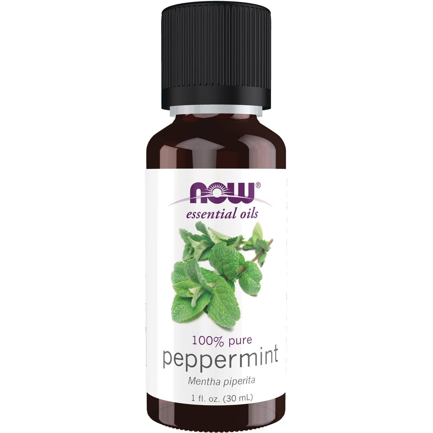 NWF144 | NOW essential oils 100% pure peppermint 1 fl oz brown glass bottle with black cap and mint leaves label