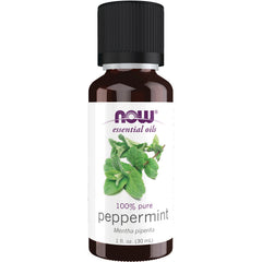 NWF144 | NOW essential oils 100% pure peppermint 1 fl oz brown glass bottle with black cap and mint leaves label