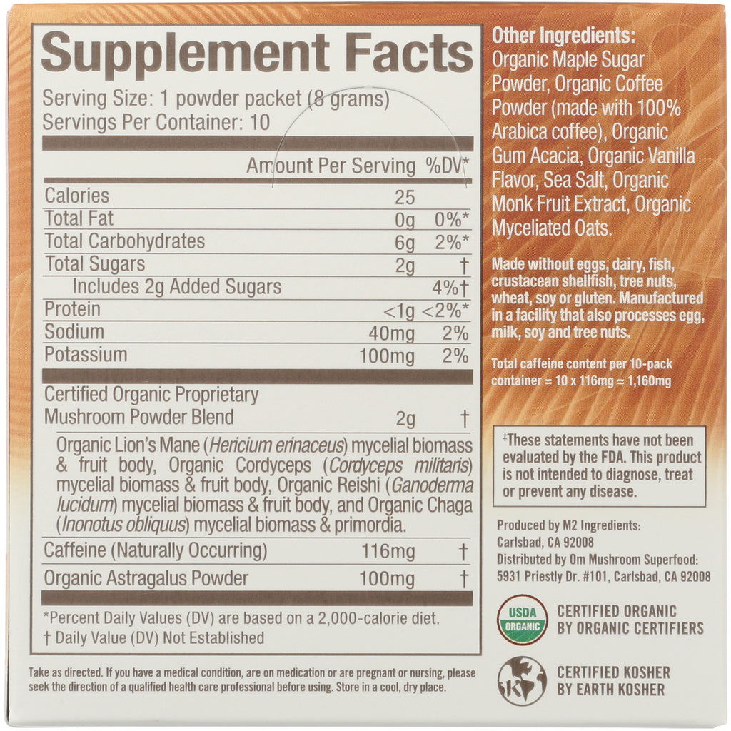 MMX036 | Supplement Facts label showing serving size, nutrients, certified organic mushroom powder blend and 116mg caffeine - Thumbnail