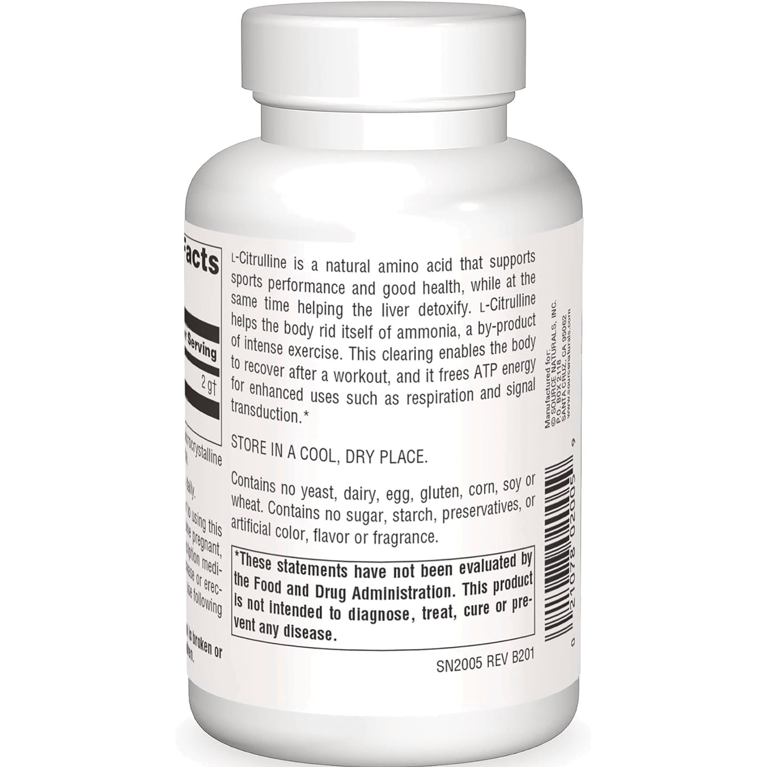 SN298 | Back label with directions, storage info, and FDA disclaimer for L-Citrulline supplement