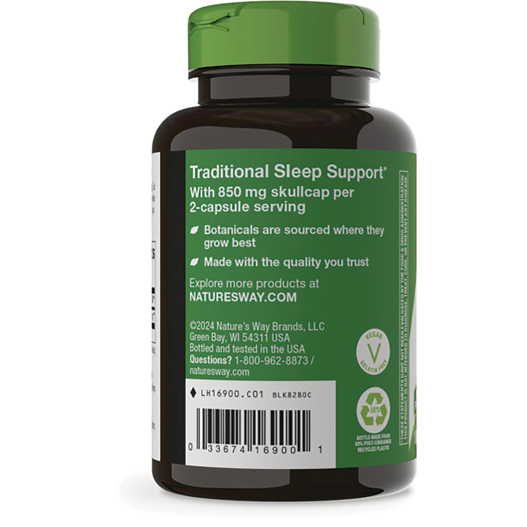 NW949 | back label of brown supplement bottle reading Traditional Sleep Support with 850 mg skullcap per 2-capsule serving and barcode - Thumbnail