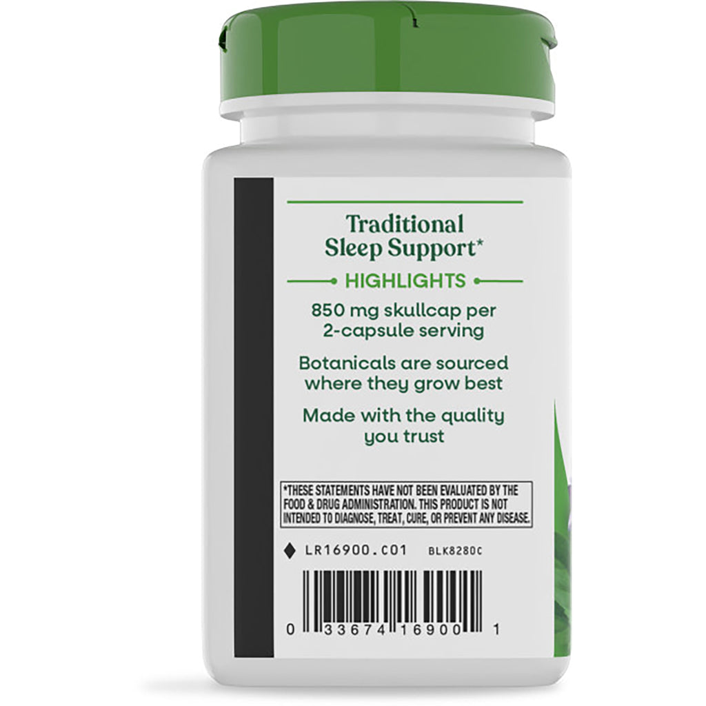 NW949 | back label of brown supplement bottle reading Traditional Sleep Support with 850 mg skullcap per 2-capsule serving and barcode - Thumbnail