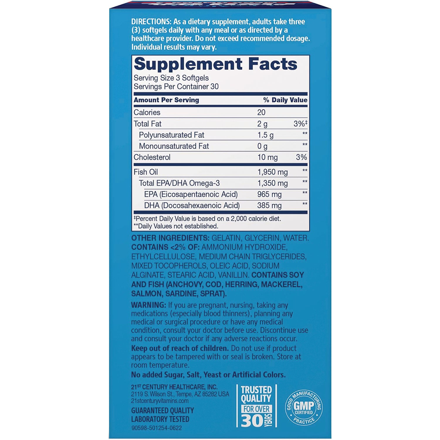 CNT008 | Supplement facts panel and ingredients list showing serving size 3 softgels, EPA 965 mg, DHA 385 mg, warnings