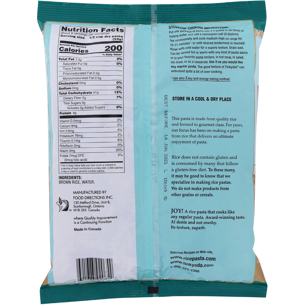 TKY007 | Nutrition facts and ingredients for Tinkyada brown rice pasta with cooking instructions on package back - Thumbnail