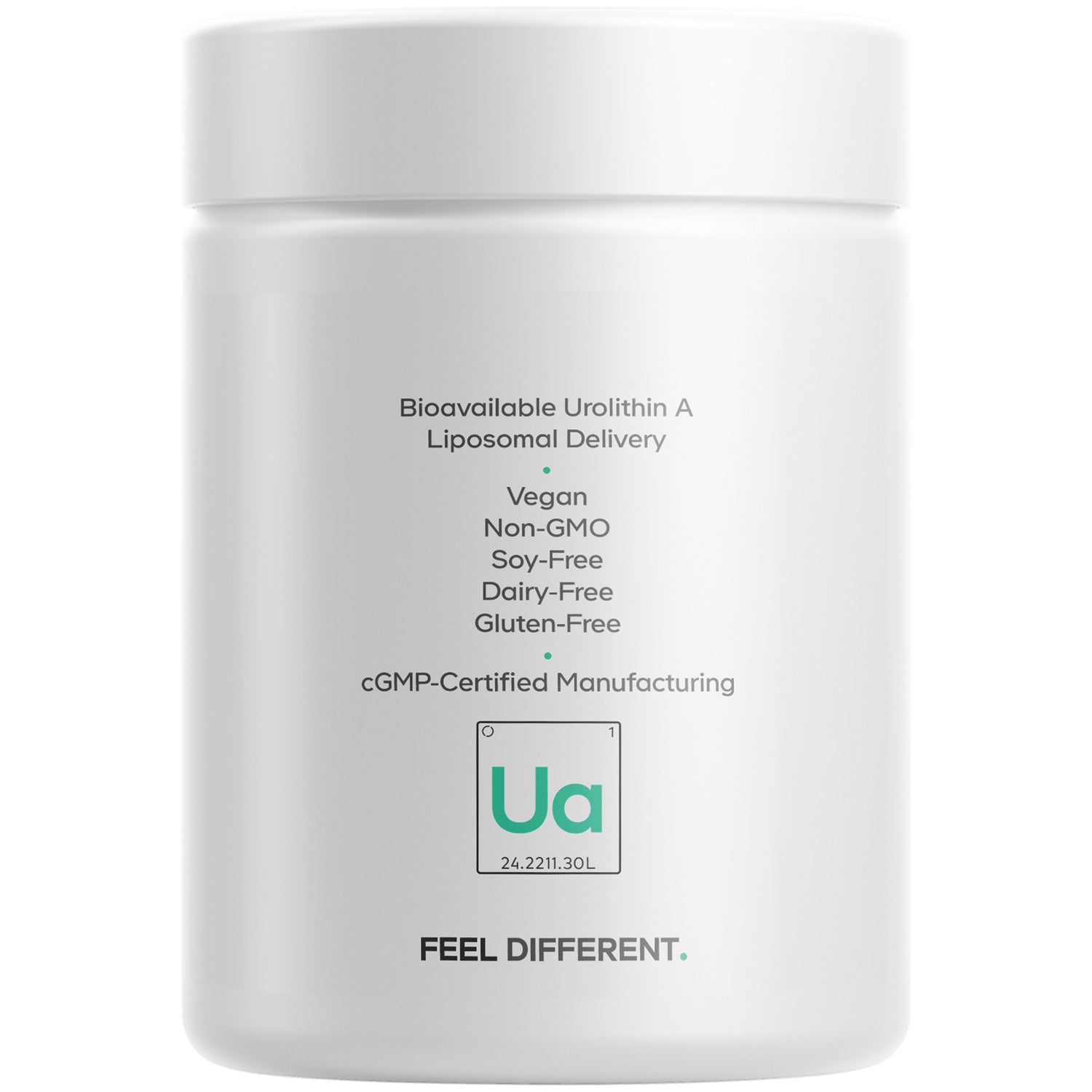 CDG020 | Back label of white supplement jar listing Vegan, Non-GMO, Soy-Free, Dairy-Free, Gluten-Free, cGMP manufacturing and Ua logo