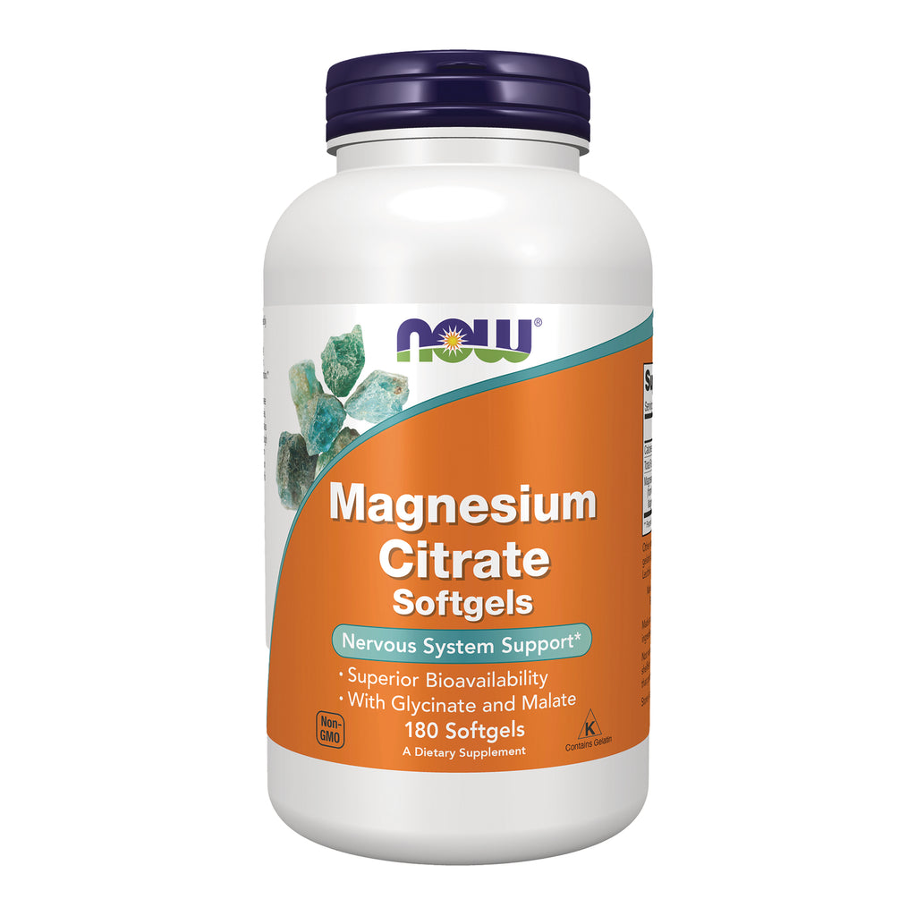NWF438 | NOW Magnesium Citrate Softgels bottle, 180 softgels, orange front label showing Nervous System Support - Thumbnail