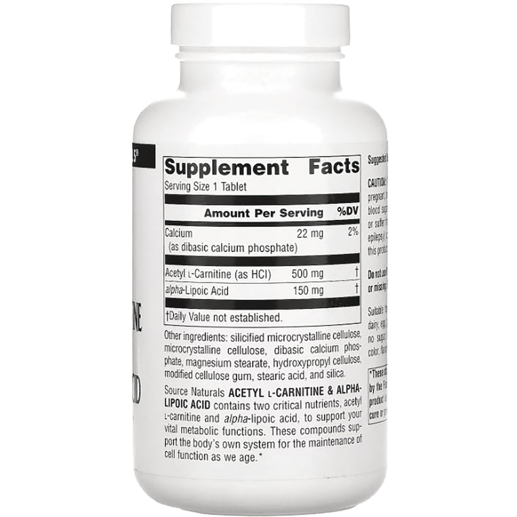 SN095 | Back label with Supplement Facts, serving size 1 tablet; Acetyl L-Carnitine 500 mg, Alpha-Lipoic Acid 150 mg - Thumbnail