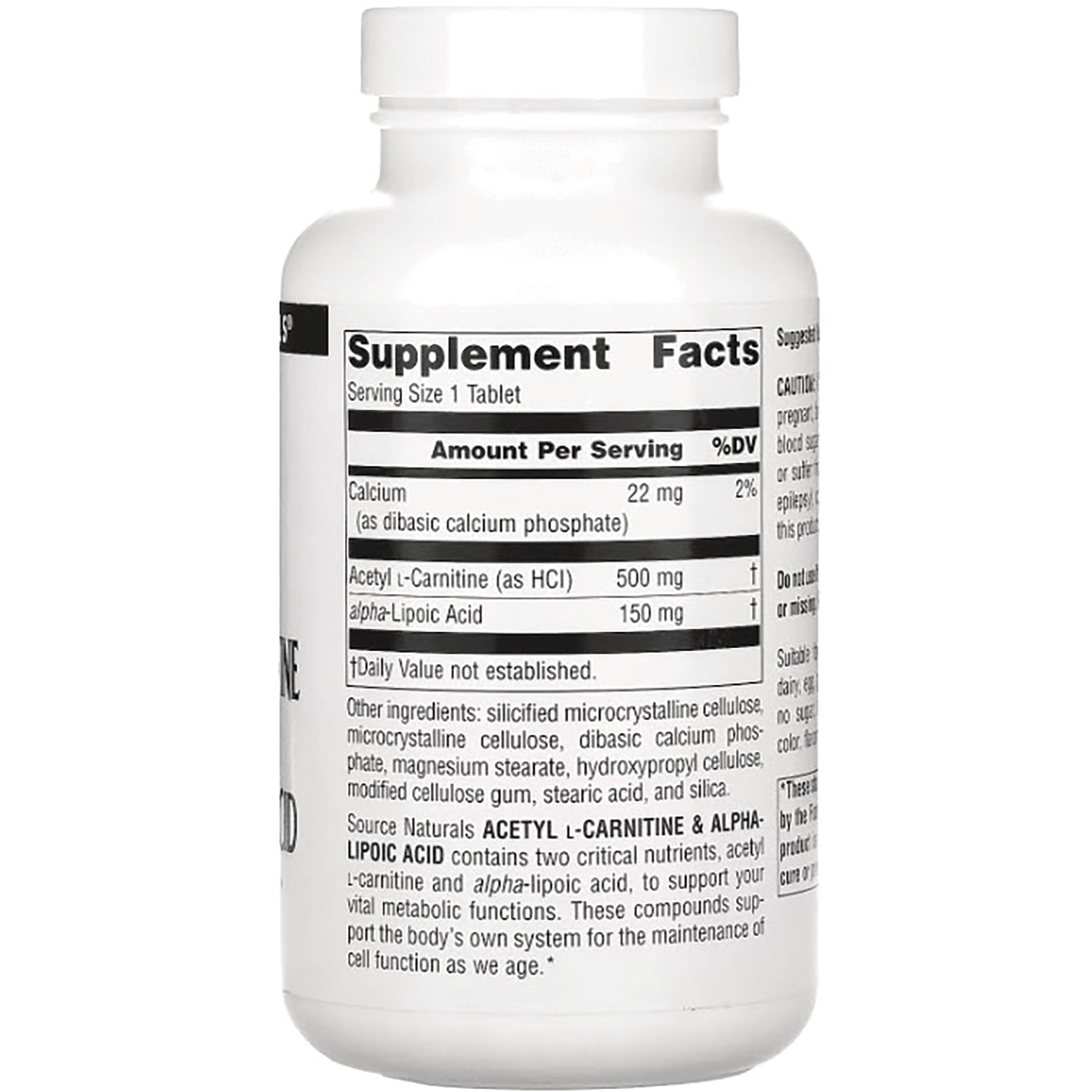SN095 | Back label with Supplement Facts, serving size 1 tablet; Acetyl L-Carnitine 500 mg, Alpha-Lipoic Acid 150 mg