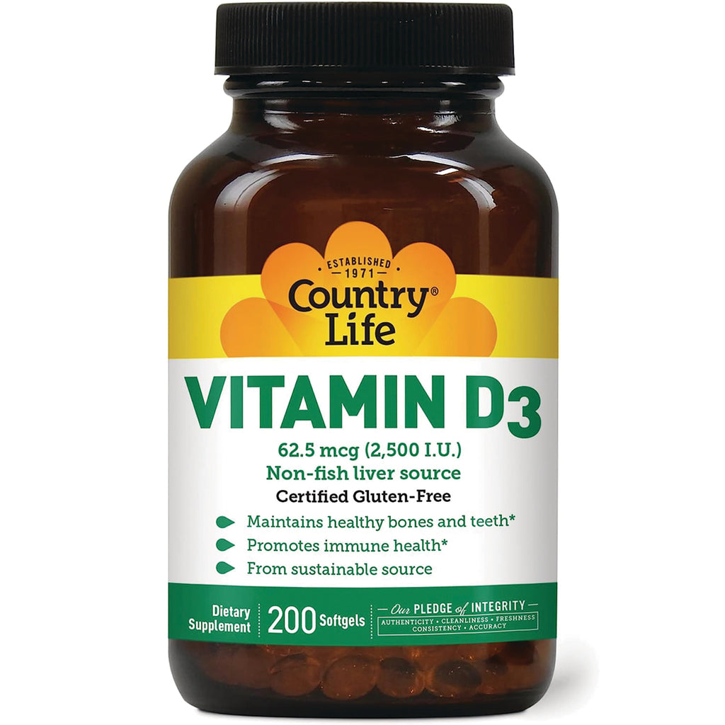 CRL364 | Country Life Vitamin D3 62.5 mcg (2,500 I.U.) dietary supplement bottle front label, 200 softgels - Thumbnail