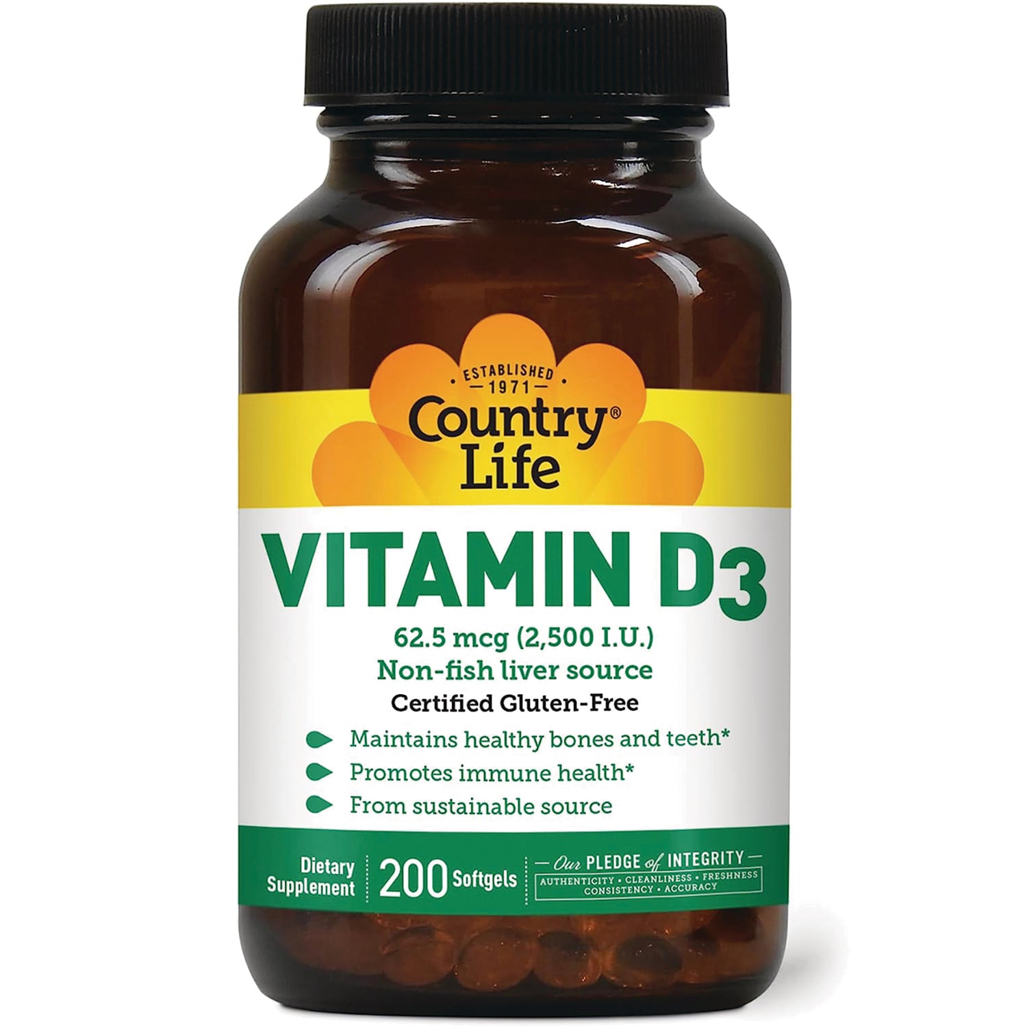 CRL364 | Country Life Vitamin D3 62.5 mcg (2,500 I.U.) dietary supplement bottle front label, 200 softgels
