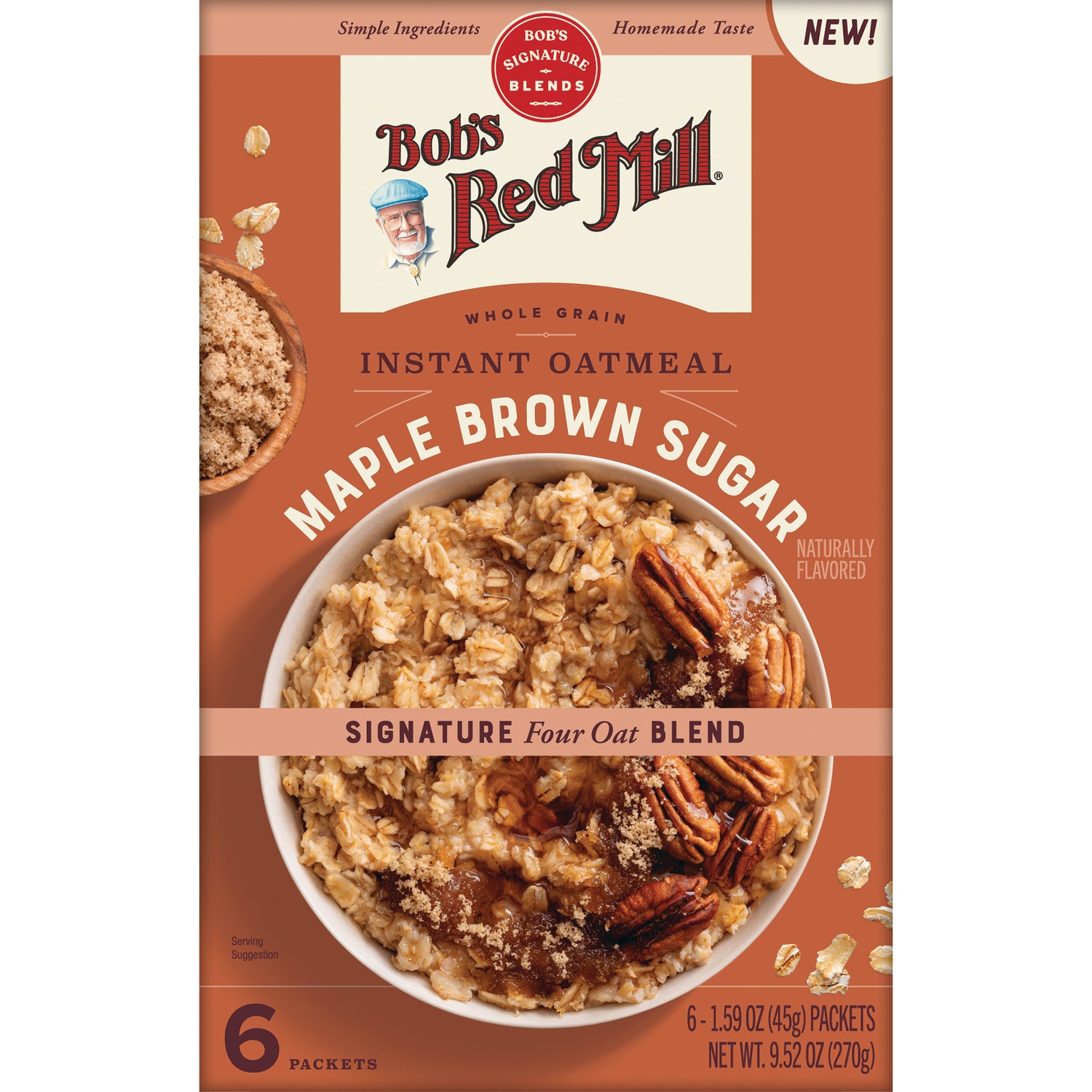 BOB485 | Bob's Red Mill Maple Brown Sugar instant oatmeal box showing bowl of oatmeal with pecans