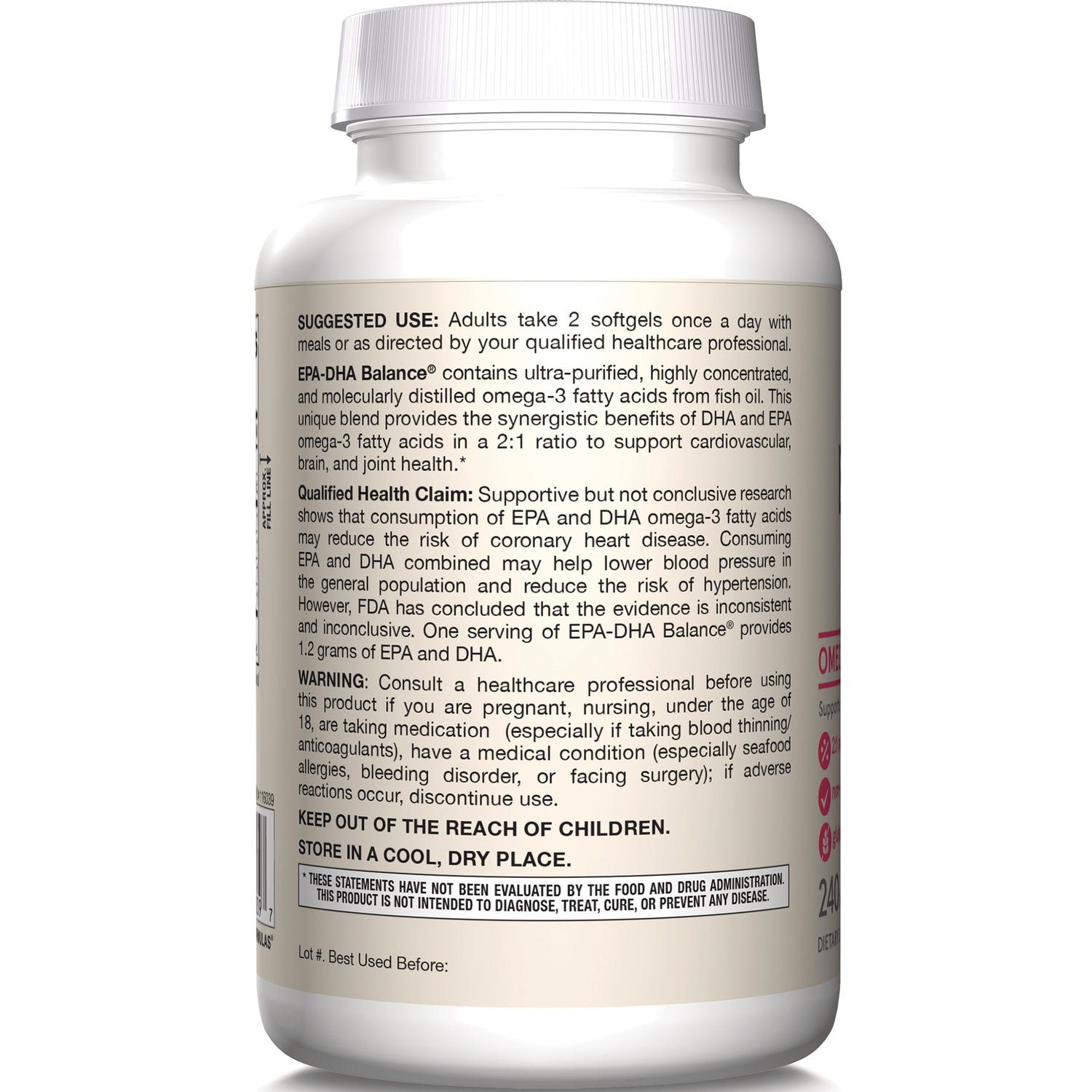 JR189 | Back label of supplement bottle showing suggested use, qualified health claim, warning and storage instructions