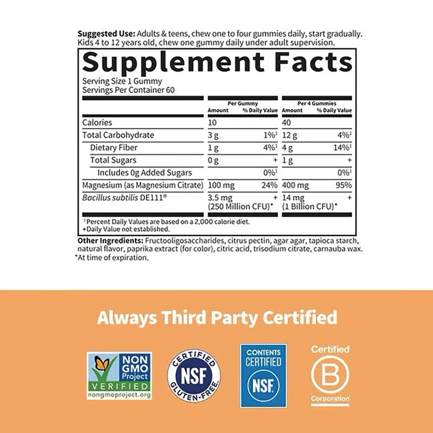 GLF380 | Supplement Facts label showing serving size, nutrients and ingredient list above an orange panel with third-party certification badges