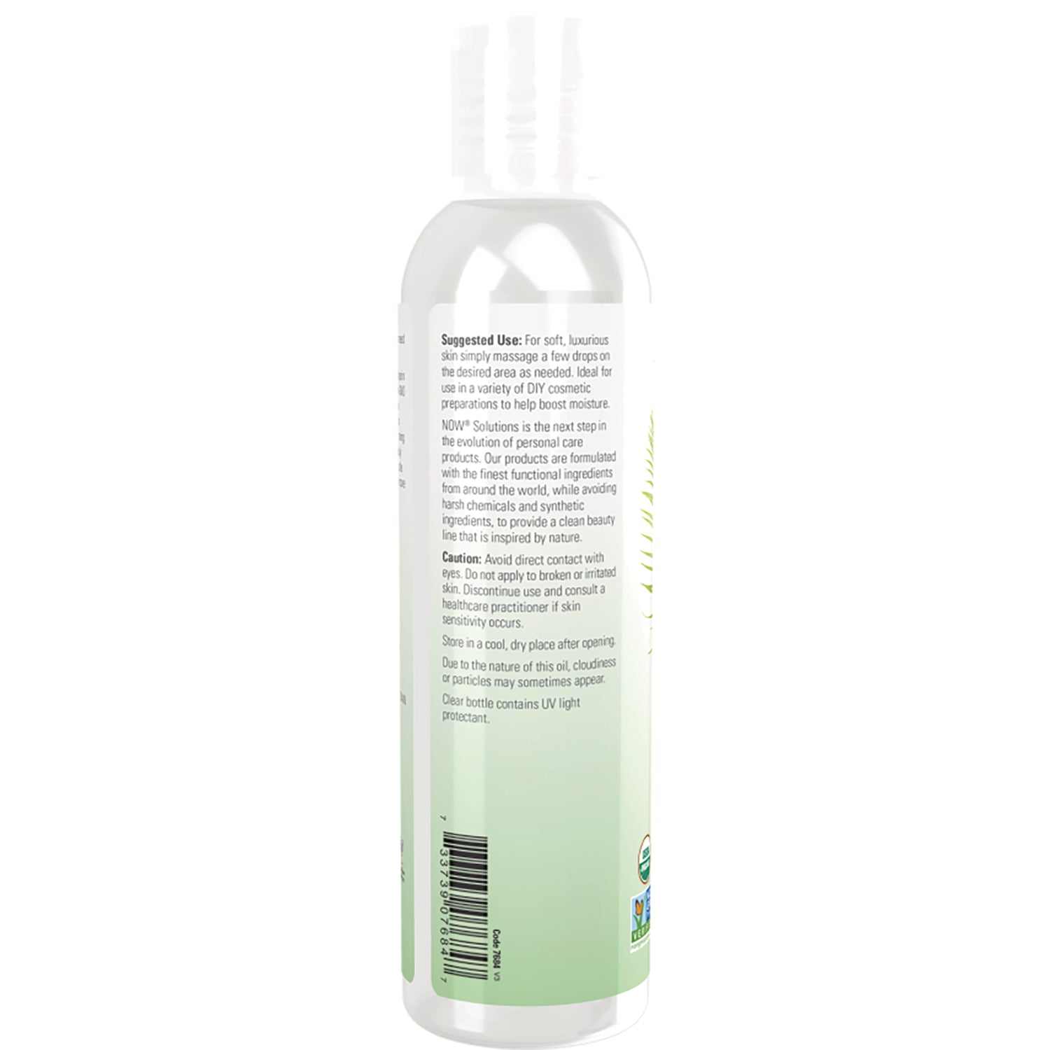 NWF1405 | back label of clear plastic bottle showing suggested use and caution text, barcode on green gradient label
