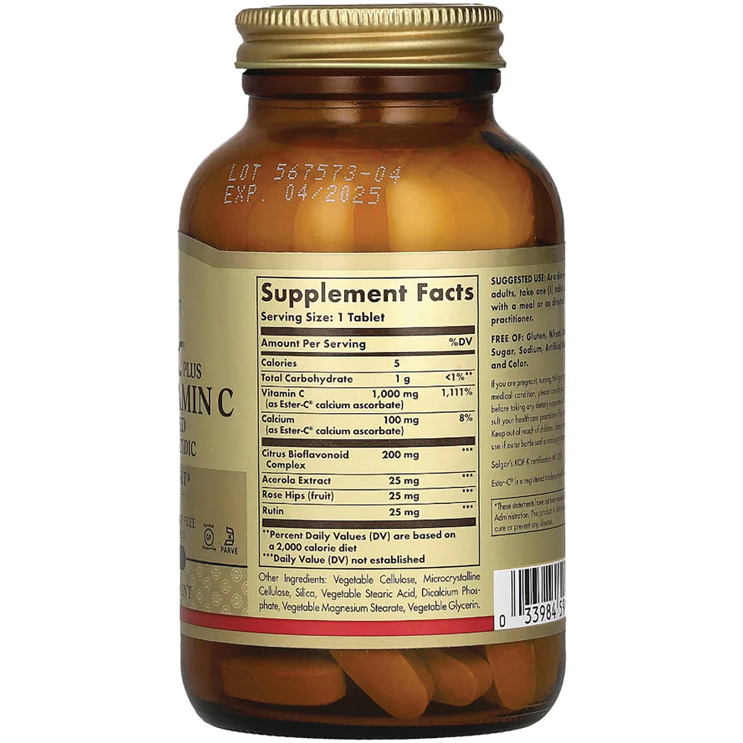 SLG360 | Back of brown supplement bottle showing Supplement Facts label and tablets visible