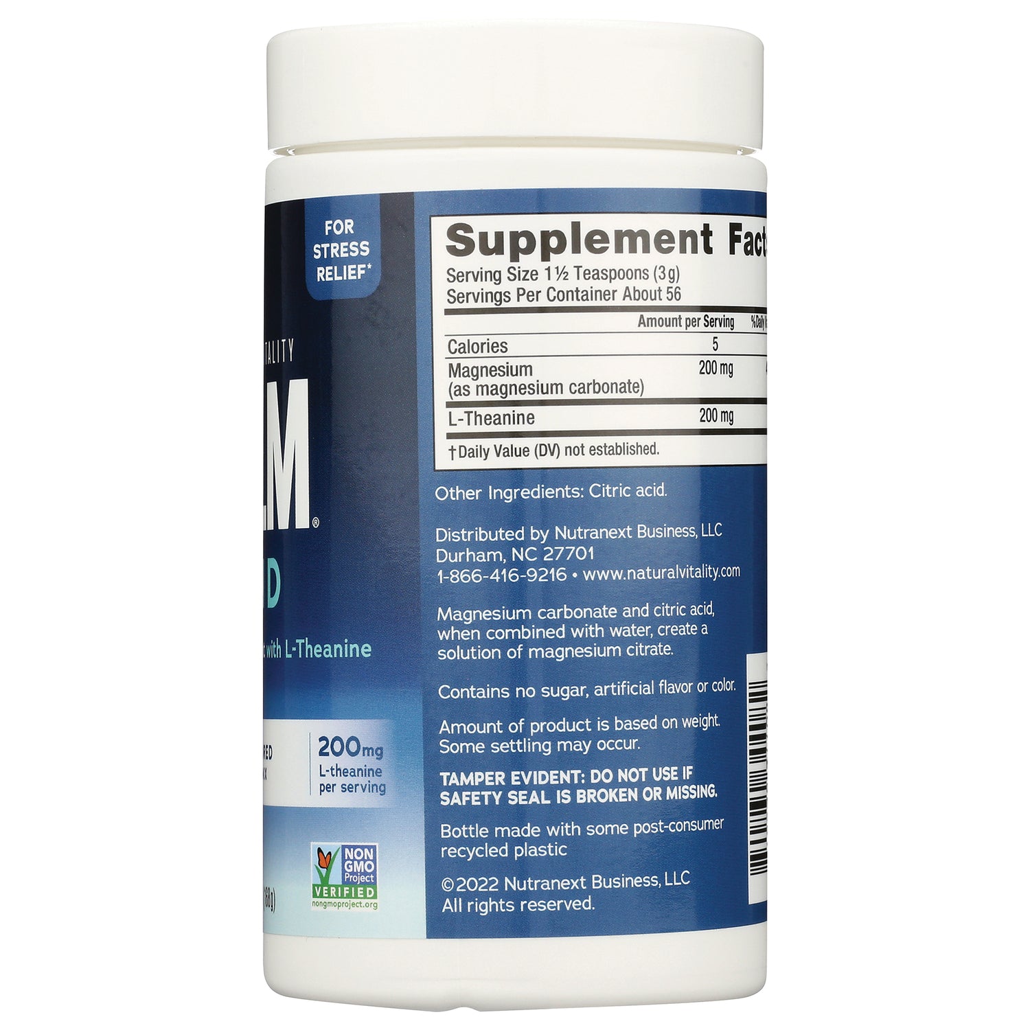NVT067 | Back label showing supplement facts panel, ingredients, distributor details, and tamper-evident warning