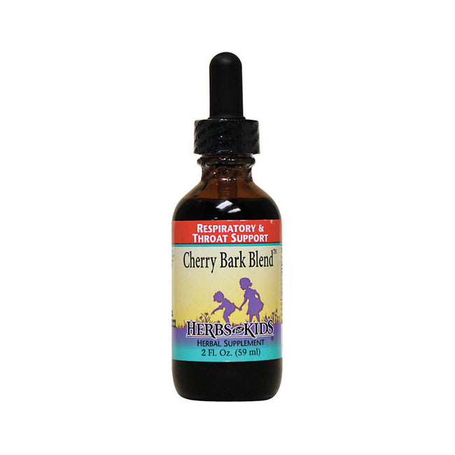 HFK001 | Amber glass dropper bottle labeled Cherry Bark Blend, Respiratory & Throat Support, Herbs for Kids 2 Fl Oz