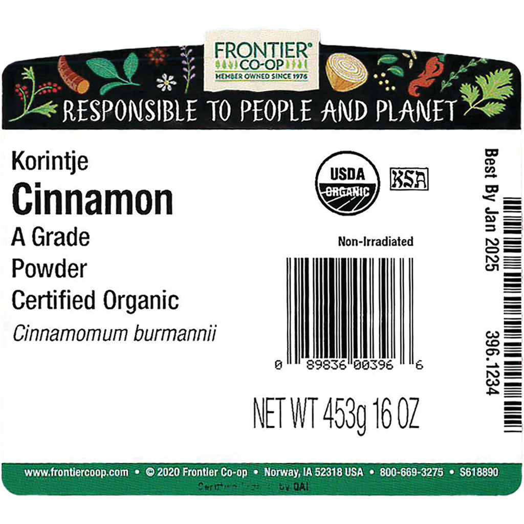 FNP069 | Back label for Frontier Co-op Korintje Cinnamon powder showing USDA Organic logo, barcode, non-irradiated note, net wt 453g 16 oz - Thumbnail