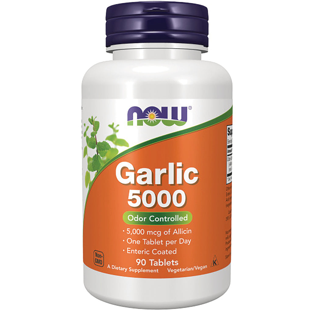 NWF1153 | NOW Garlic 5000 odor controlled supplement bottle labeled 90 Tablets - Thumbnail