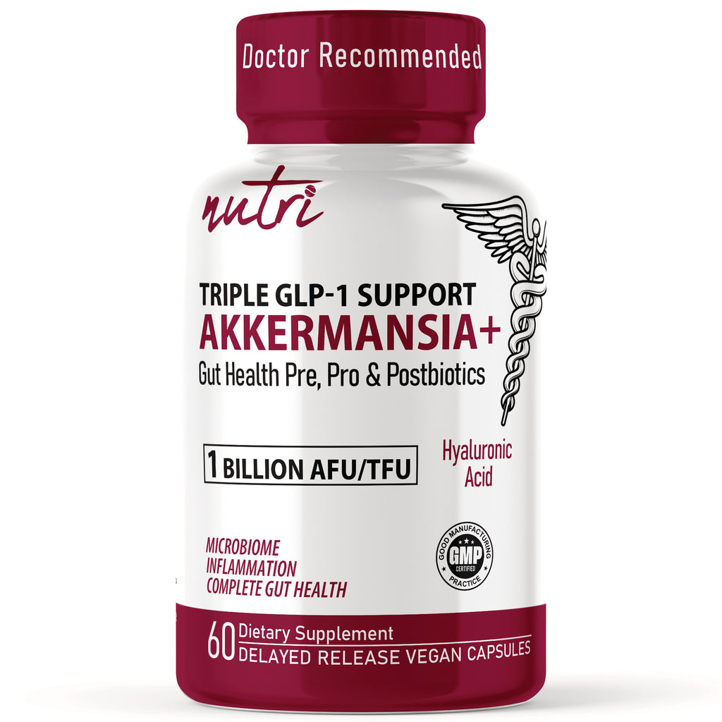 NFU016 | White bottle with burgundy cap labeled AKKERMANSIA+ triple GLP-1 support dietary supplement, 60 vegan capsules - Thumbnail
