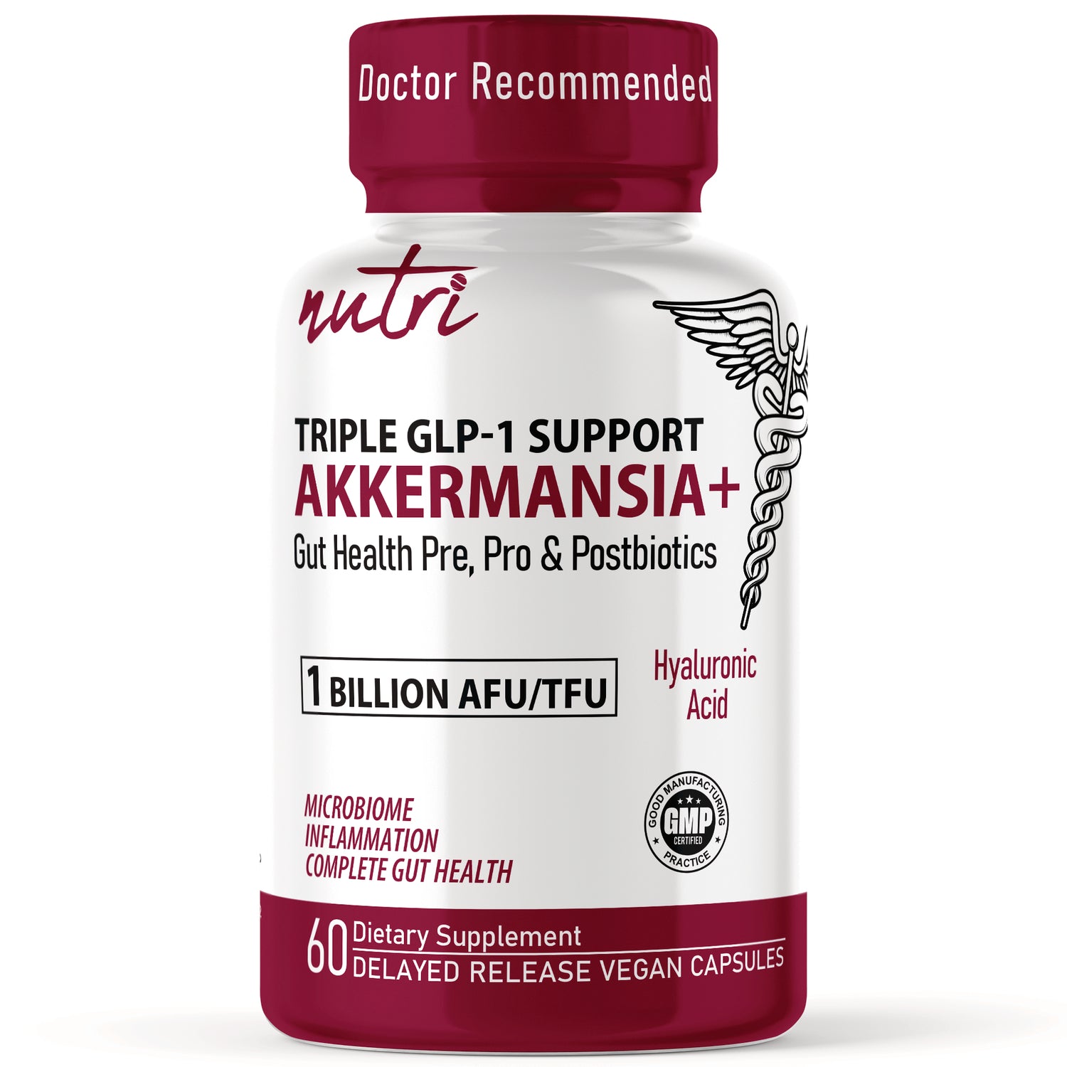 NFU016 | White bottle with burgundy cap labeled AKKERMANSIA+ triple GLP-1 support dietary supplement, 60 vegan capsules