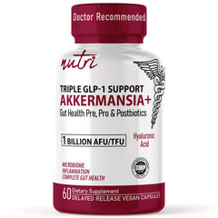 NFU016 | White bottle with burgundy cap labeled AKKERMANSIA+ triple GLP-1 support dietary supplement, 60 vegan capsules