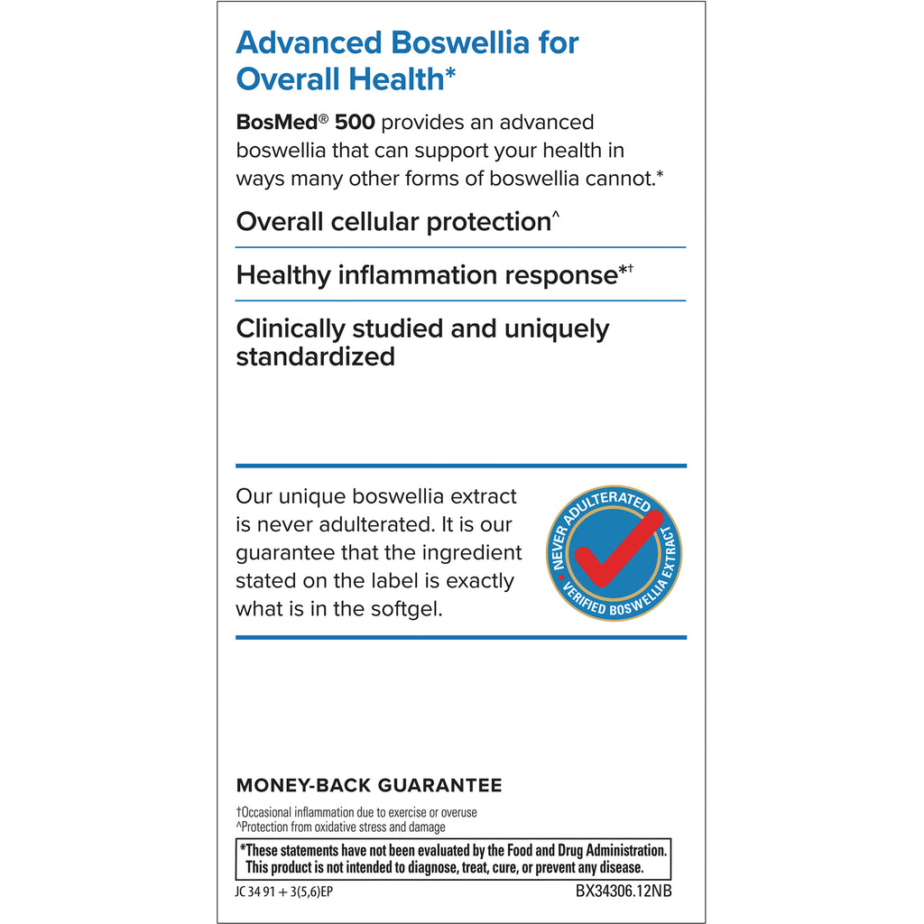 EUR031 | back panel with Advanced Boswellia BosMed 500 text, never adulterated seal, and money-back guarantee - Thumbnail