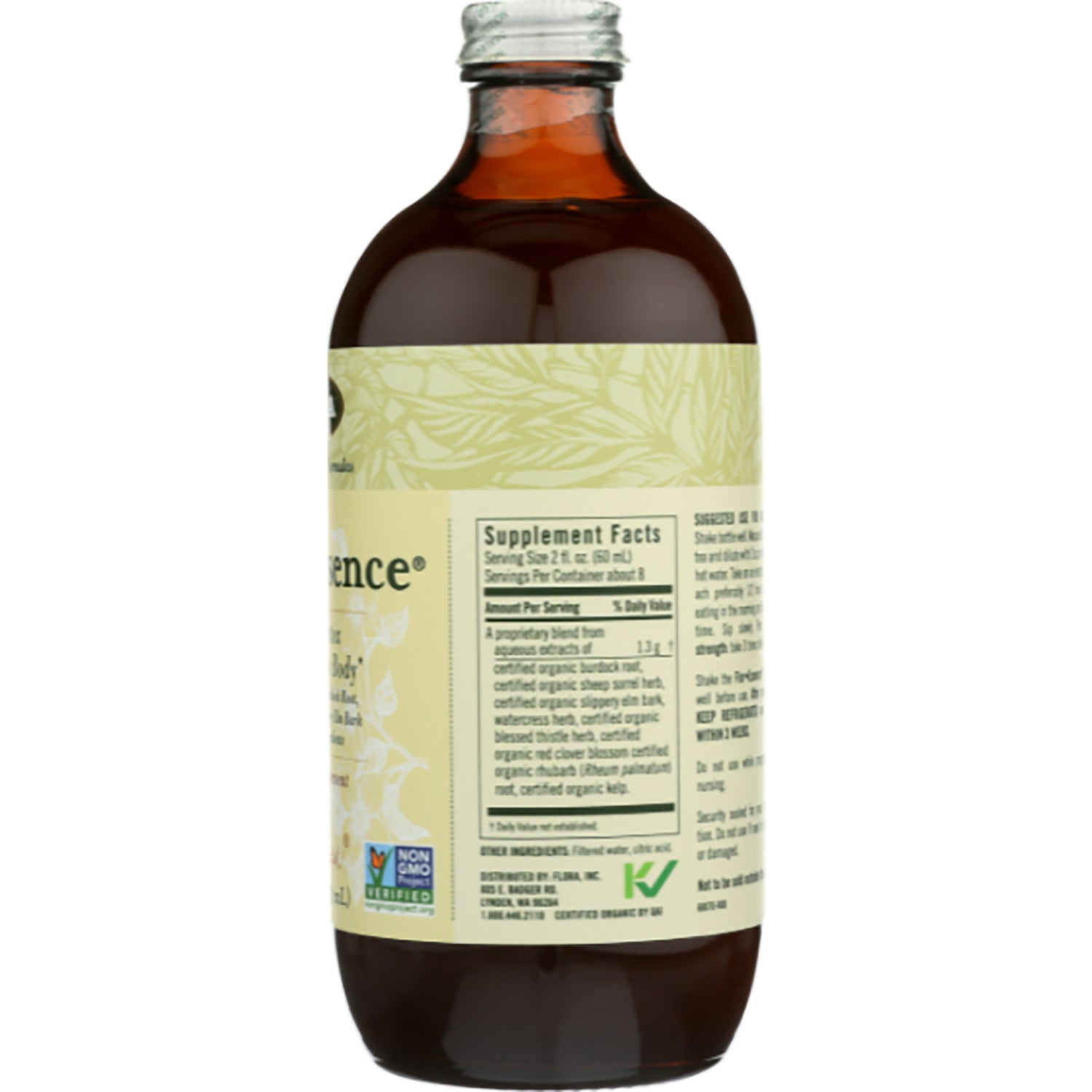 FL003 | back of amber glass bottle showing supplement facts label, ingredient text and non-GMO verification mark