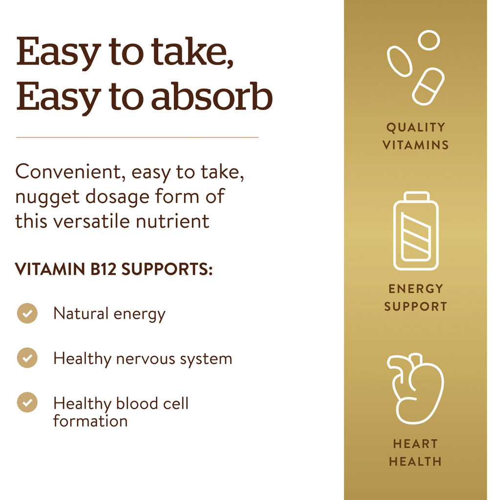Easy to take, Easy to absorb panel stating Vitamin B12 supports natural energy, healthy nervous system, healthy blood cell formation with icons for energy support and heart health - Thumbnail