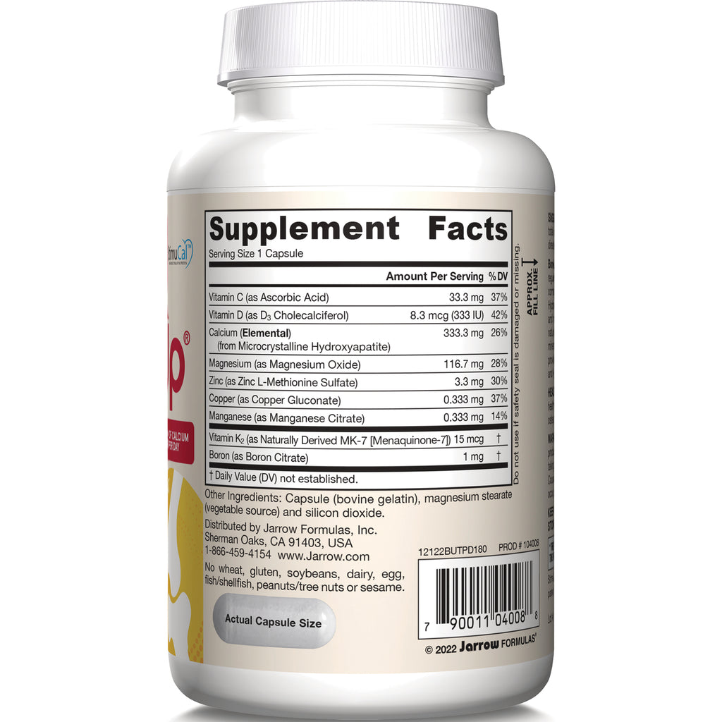 JR309 | back of white supplement bottle showing Supplement Facts panel with nutrient amounts, barcode and Actual Capsule Size label - Thumbnail