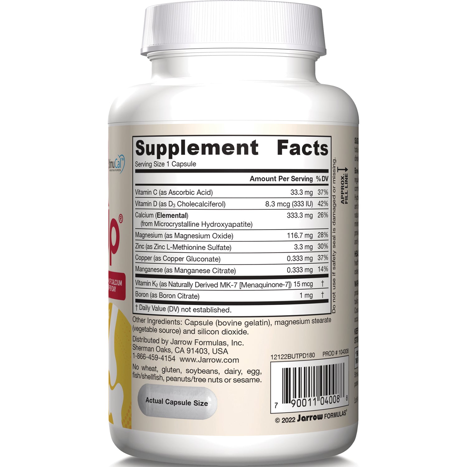 JR309 | back of white supplement bottle showing Supplement Facts panel with nutrient amounts, barcode and Actual Capsule Size label