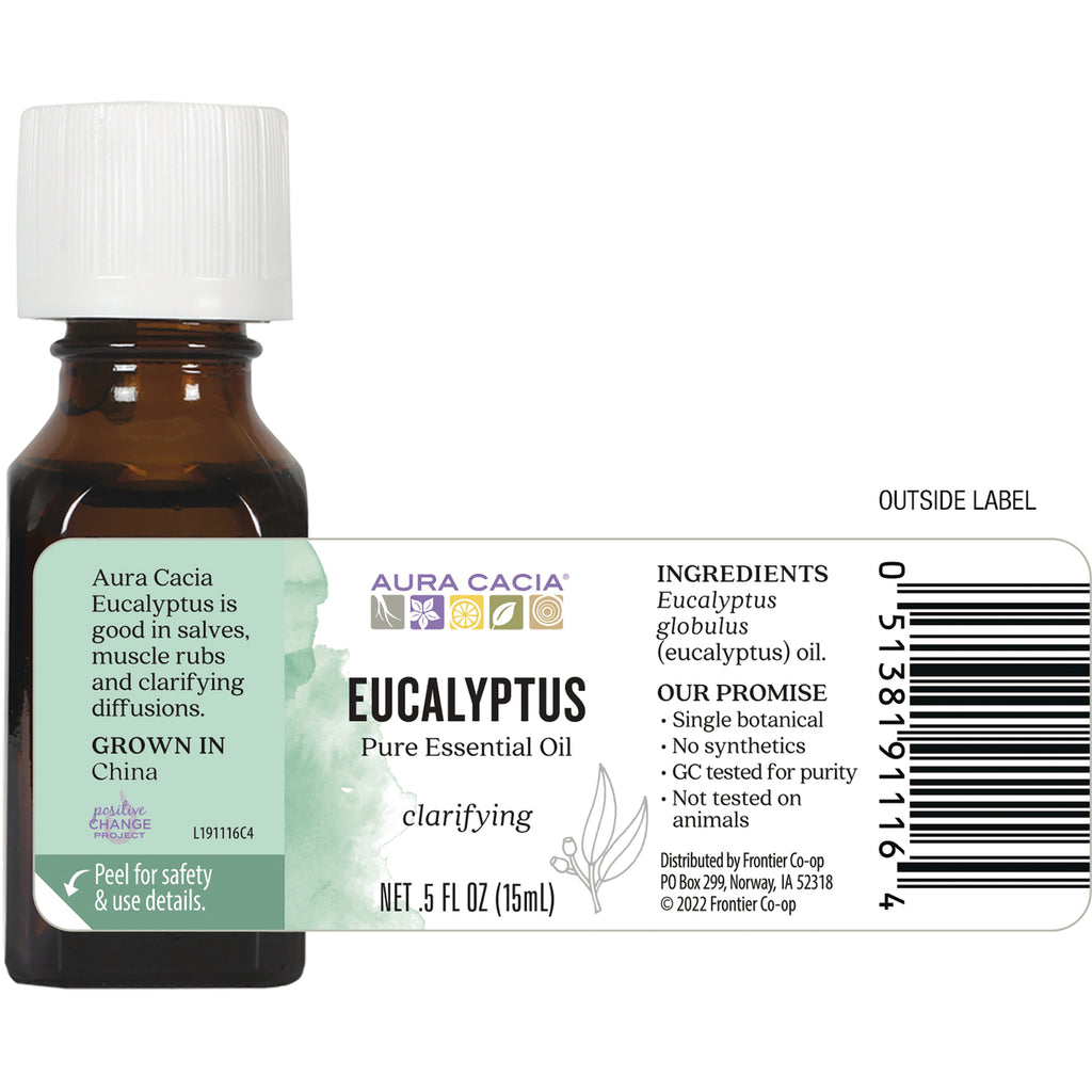 ARC003 | Aura Cacia eucalyptus pure essential oil back label showing ingredients, promise text, barcode and net .5 fl oz (15 mL) - Thumbnail