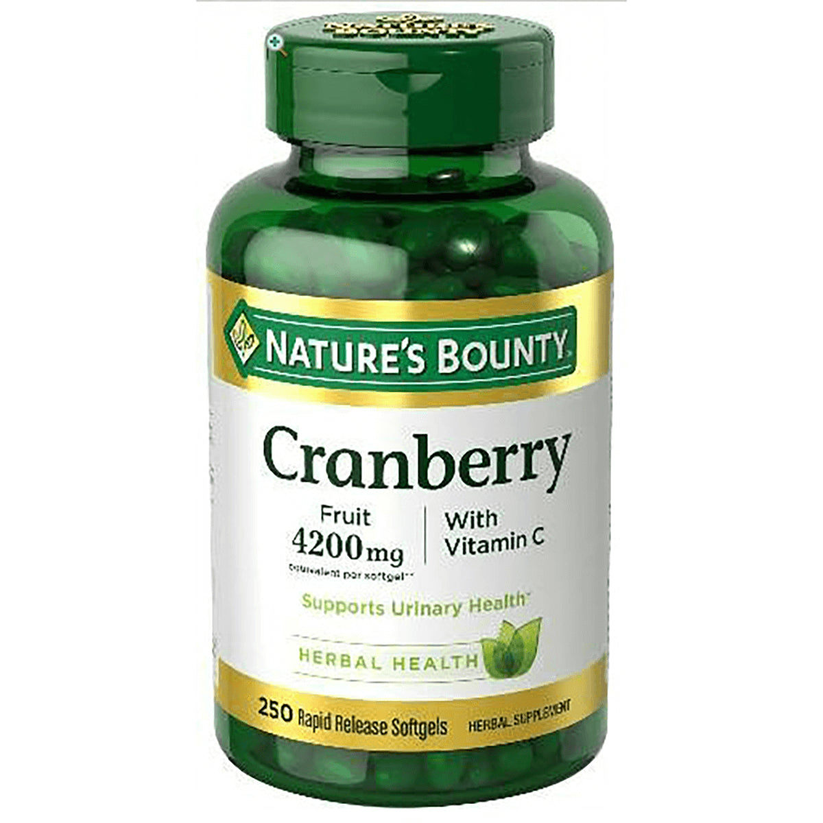 NBY013 | Green Nature's Bounty cranberry supplement bottle labeled 4200 mg fruit with Vitamin C, 250 rapid release softgels