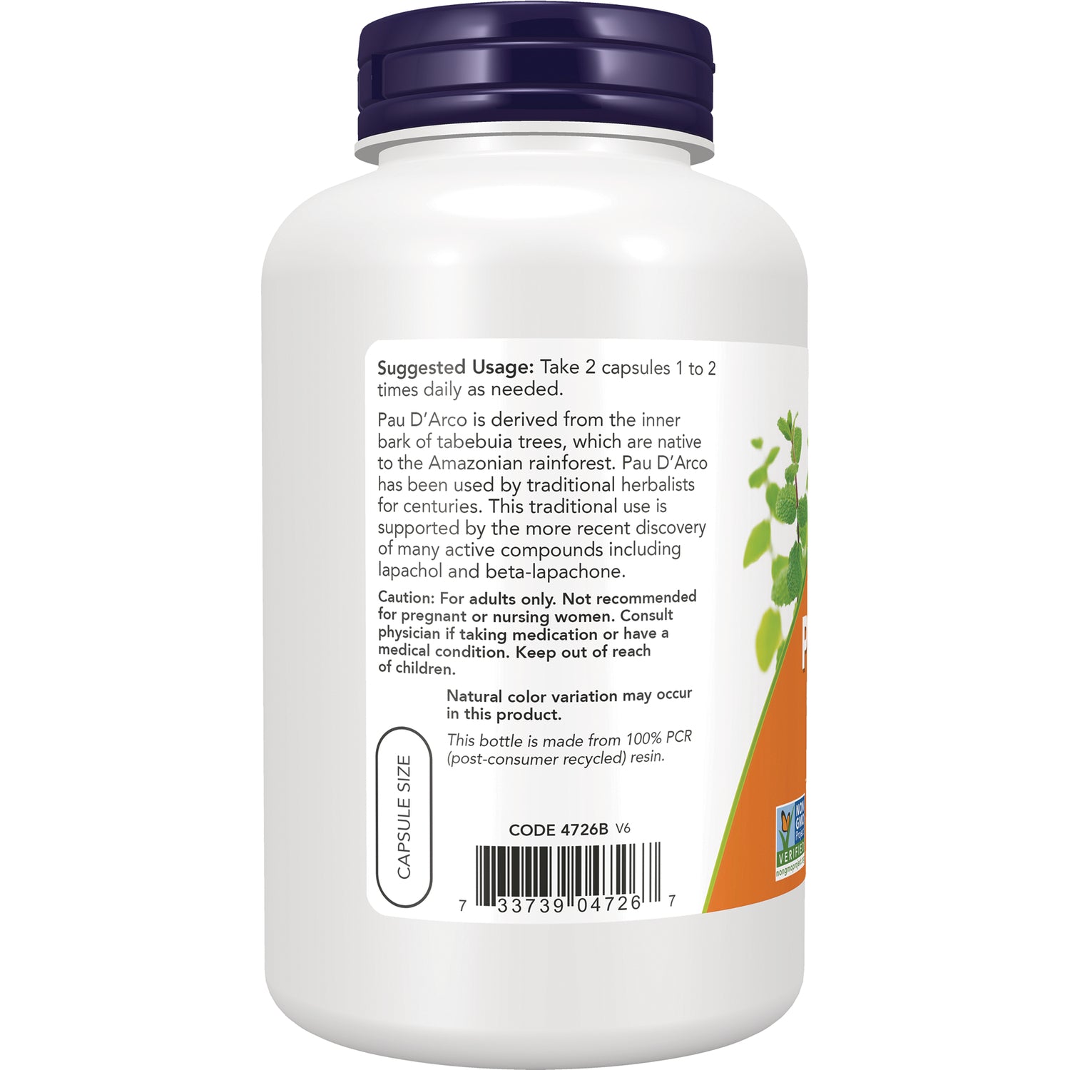 NWF563 | Back label of white supplement bottle showing suggested usage, caution text, capsule size oval, and barcode