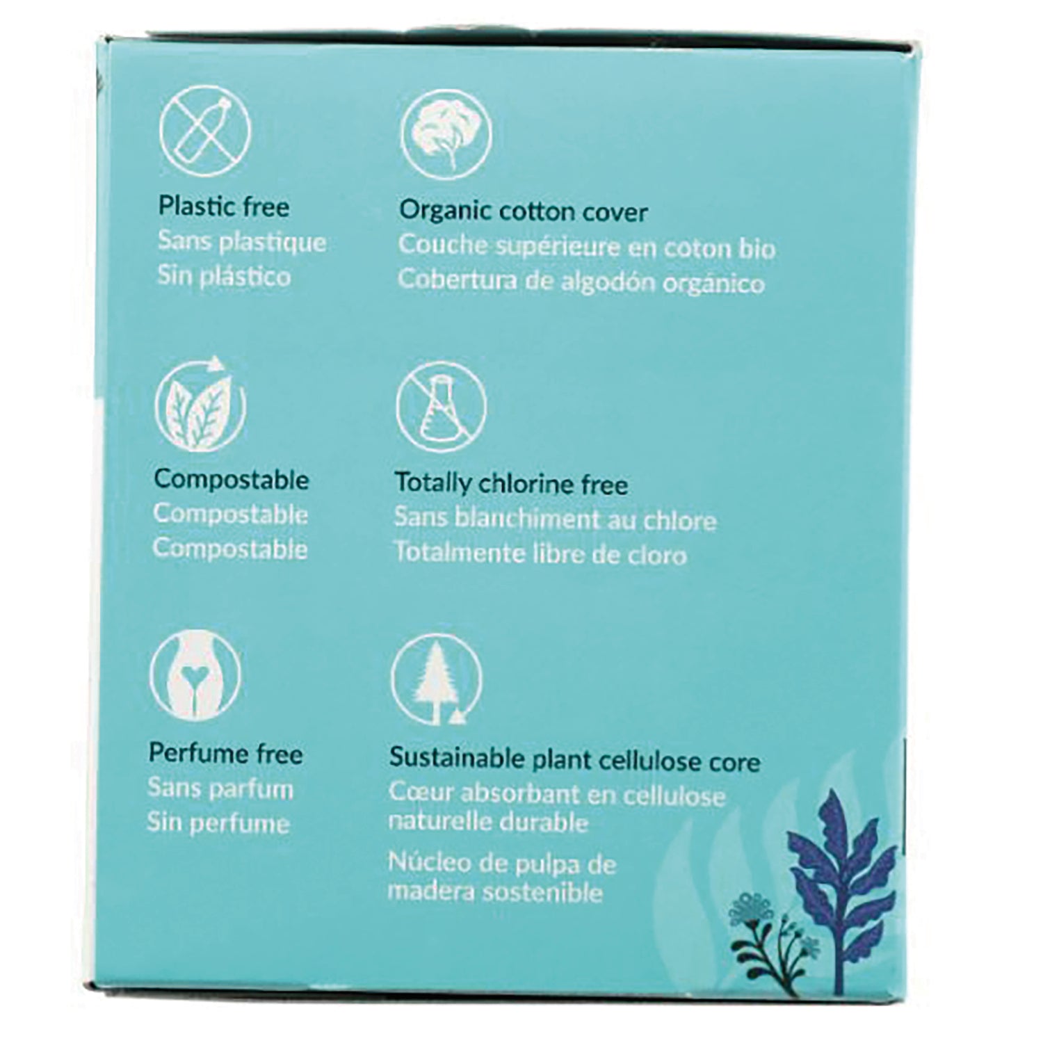 NCR008 | Teal product infographic listing plastic free, organic cotton cover, compostable, chlorine free, perfume free