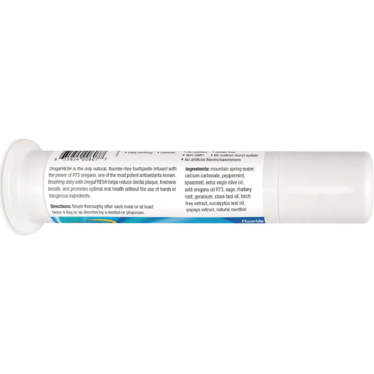 NHS080 | back label of toothpaste tube showing ingredients, directions, and barcode