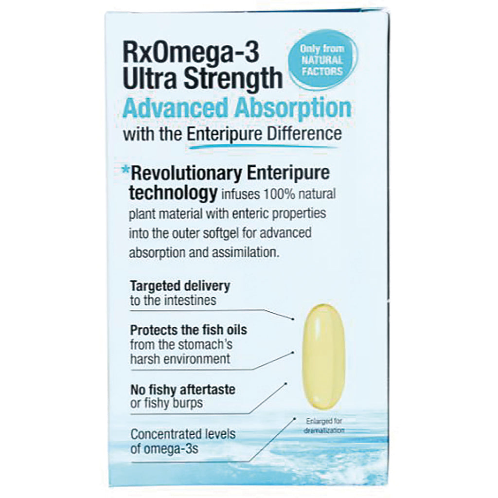 NFC117 | RxOmega-3 Ultra Strength infographic showing softgel and callouts: advanced absorption, targeted delivery, no fishy aftertaste - Thumbnail