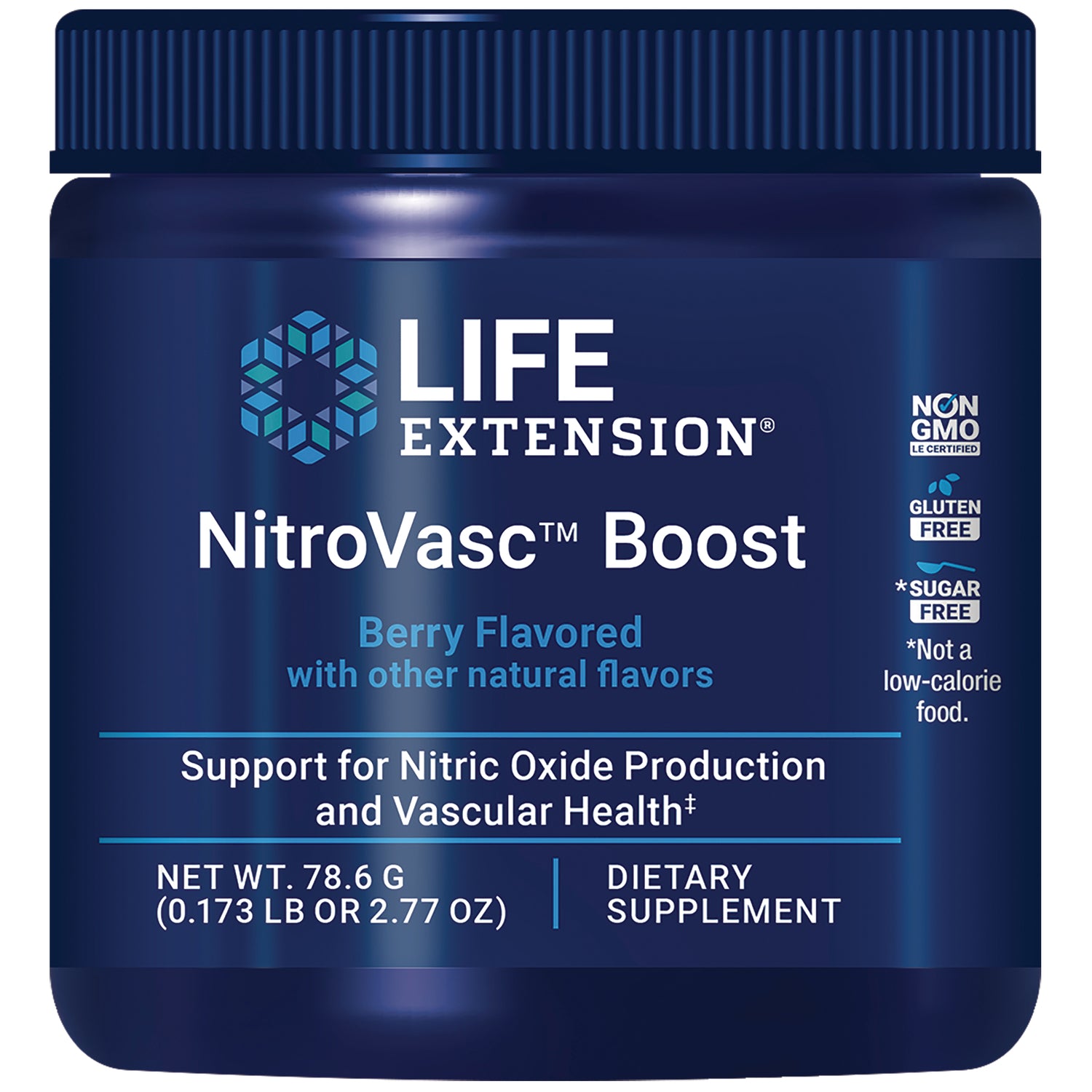 LE589 | Front label of Life Extension NitroVasc Boost berry flavored dietary supplement jar