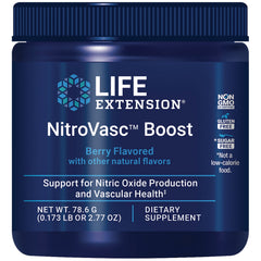 LE589 | Front label of Life Extension NitroVasc Boost berry flavored dietary supplement jar
