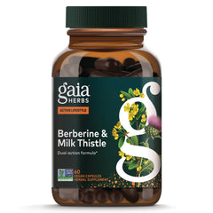 GH176 | Gaia Herbs Berberine & Milk Thistle bottle front showing label, botanical illustration and 60 vegan capsules