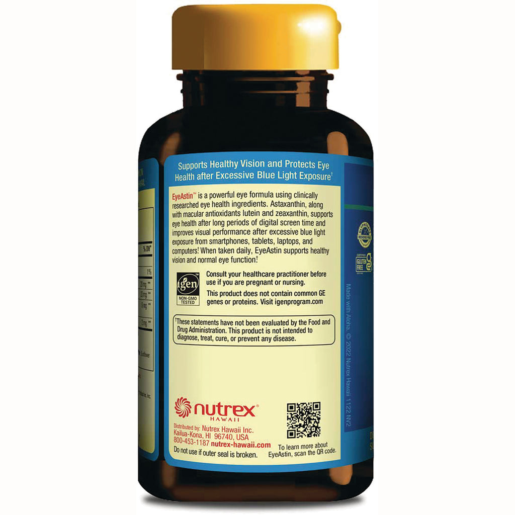 NUT020 | Back label of brown supplement bottle showing EyeAstin eye support description, warnings, Nutrex logo and QR code - Thumbnail